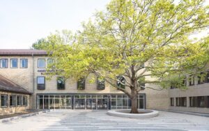 Schulgebäude mit großem Baum davor und Schulhof